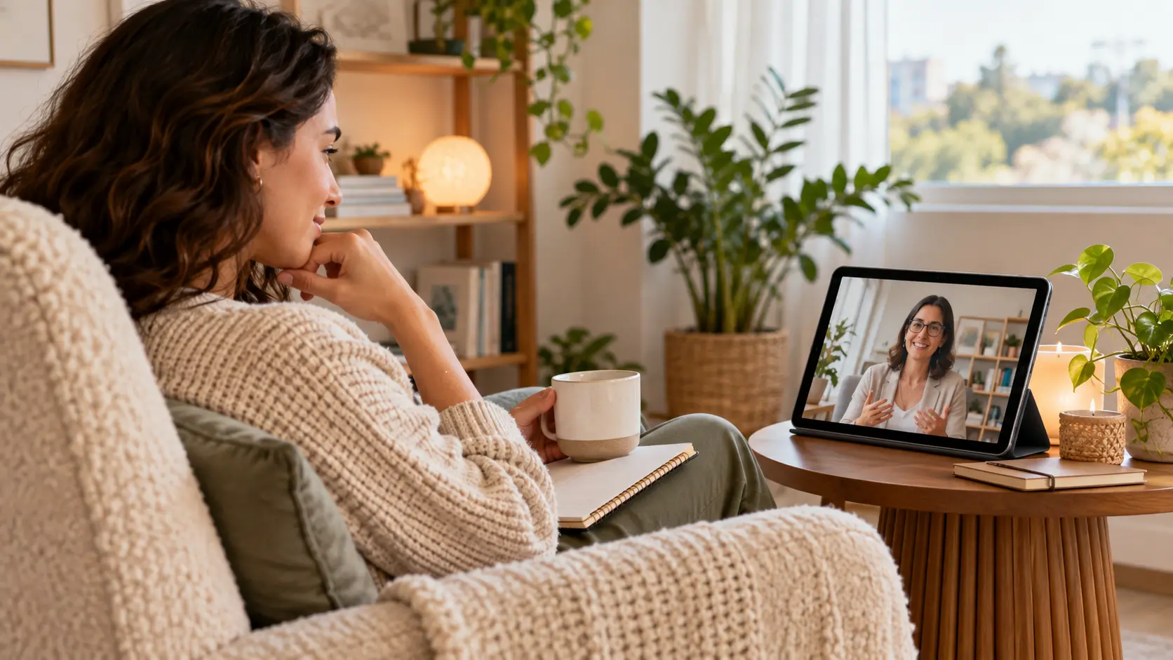 Mulher em sessão de psicoterapia online por videochamada