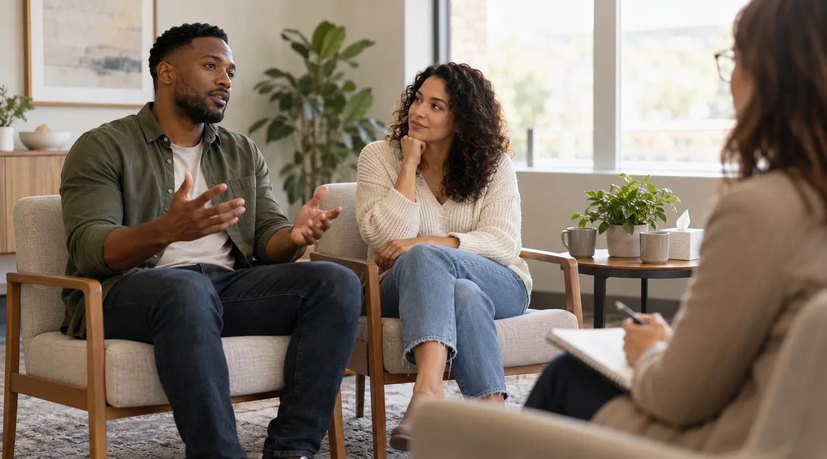 Casal em sessão de terapia, conversando com a psicóloga