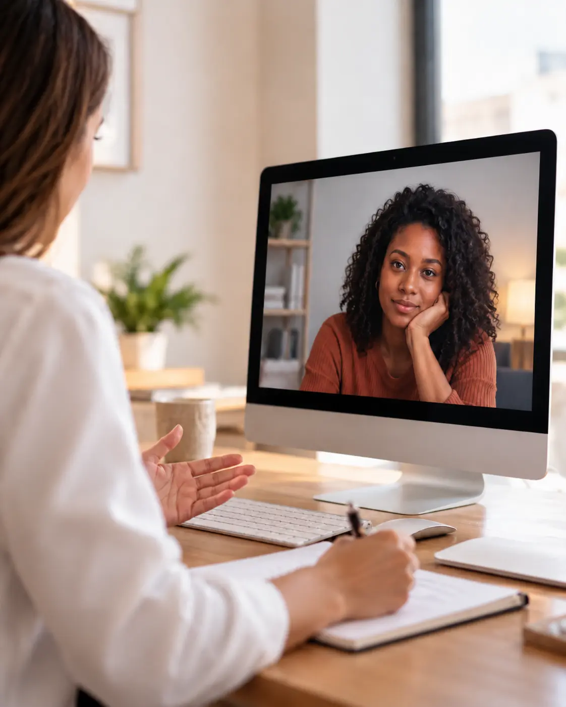 Mulher em sessão de terapia online por videochamada