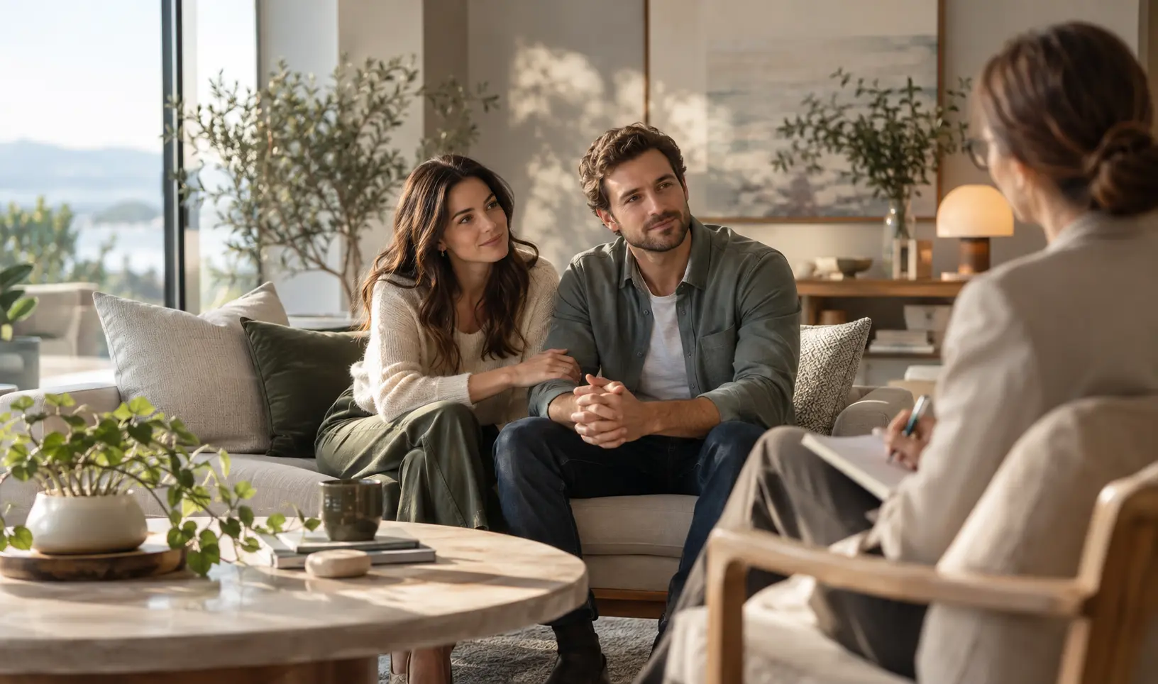 Casal em sessão de terapia, conversando com a psicóloga