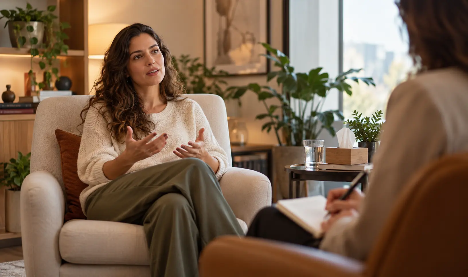 Mulher em sessão de psicoterapia, conversando com a psicóloga