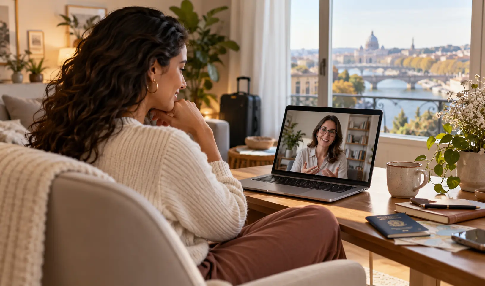 Mulher em sessão de terapia online por videochamada, falando com a psicóloga